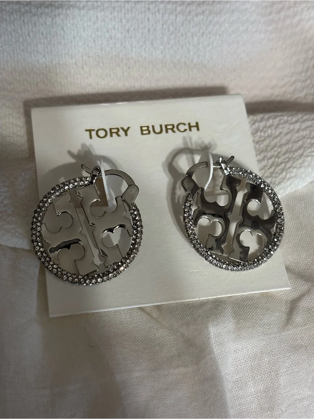 Tory Burch Silver Crystal Logo Hoop Earrings